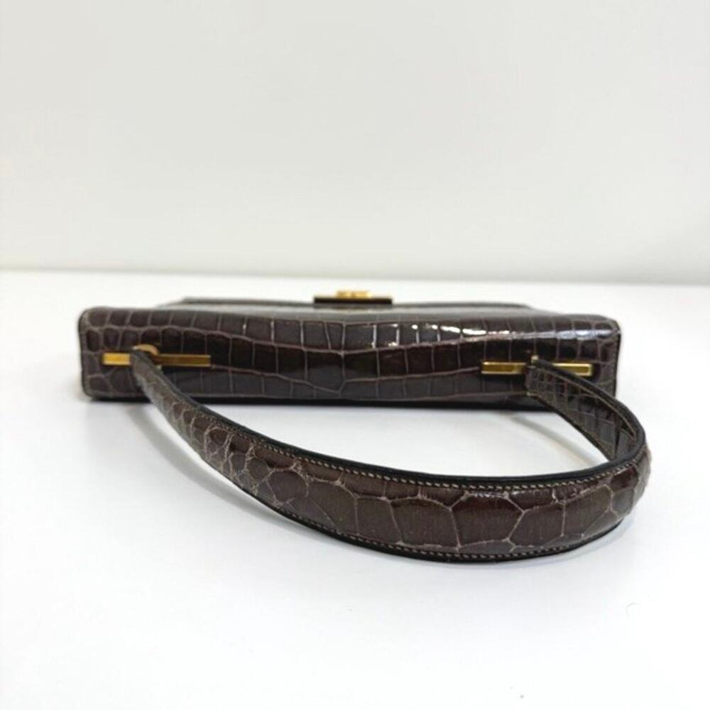 HERMES Vintage Gray Crocodile Shoulder Bag Gold Hardware Exotic Leather Handbag - Picture 6 of 10